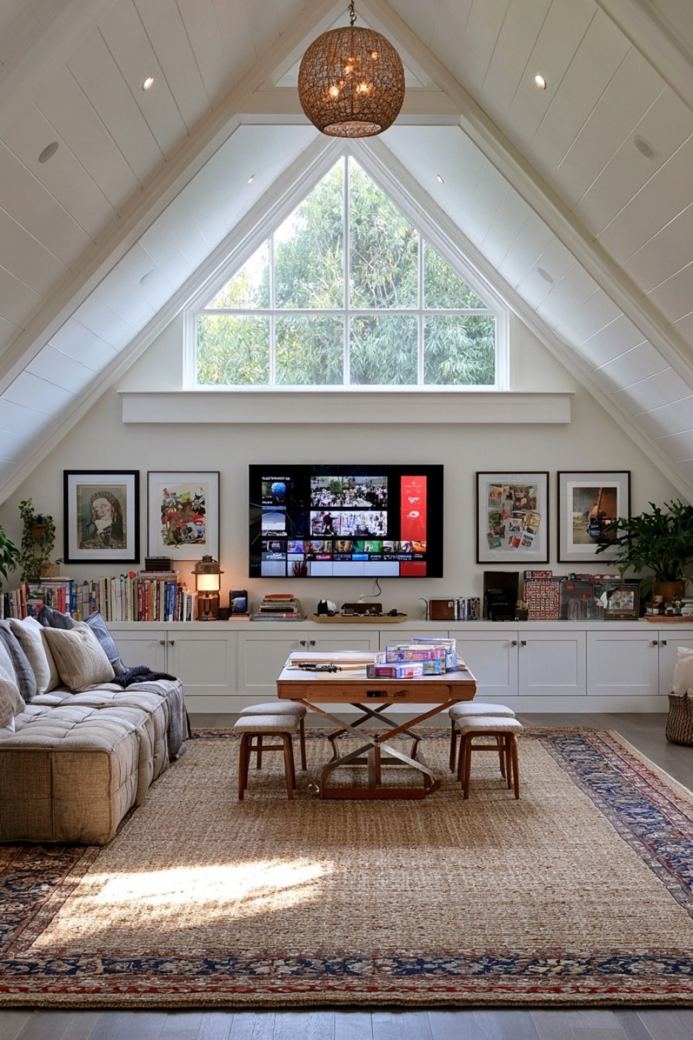 Flexible attic entertainment room with rotating activity zones