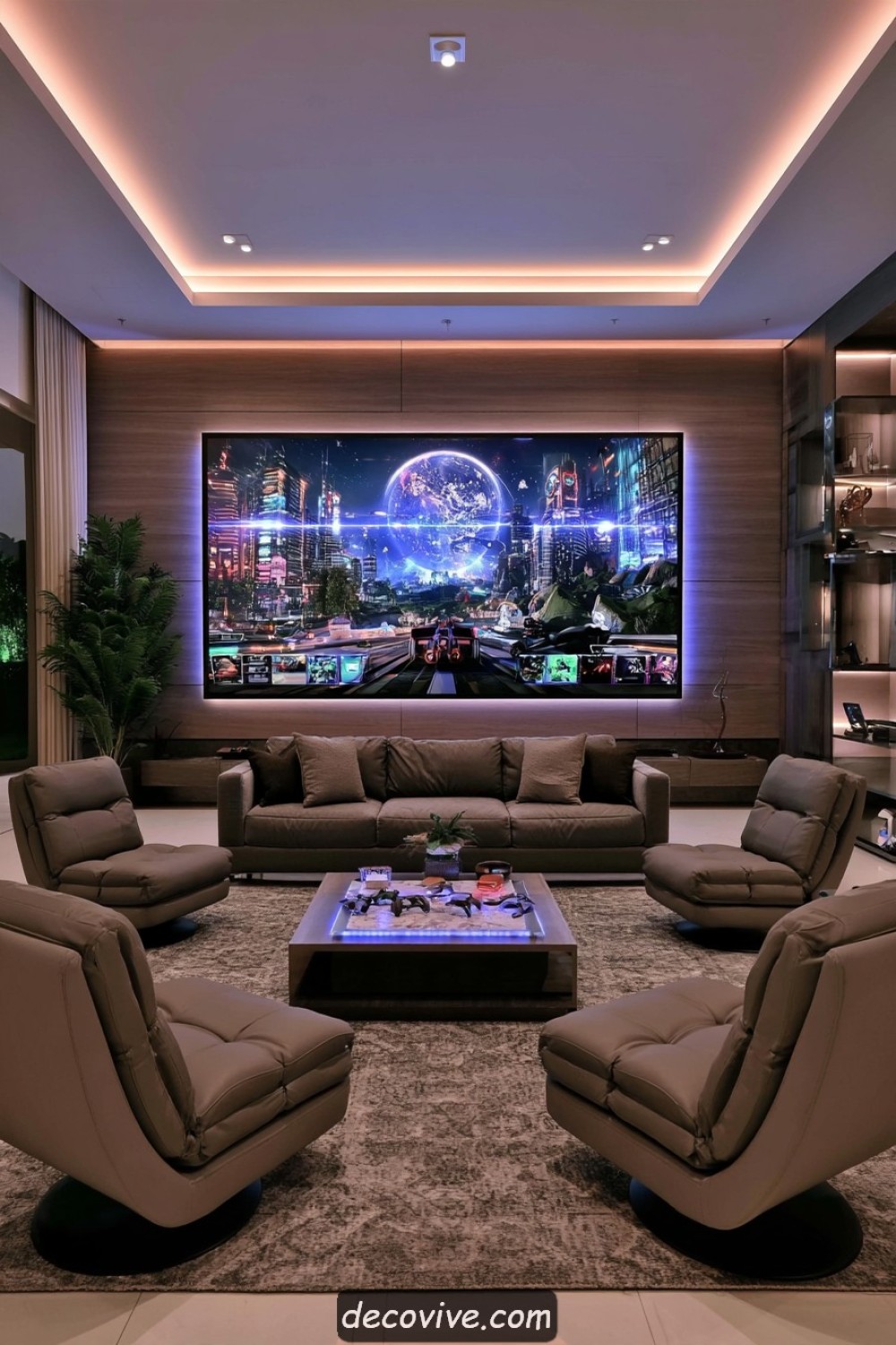 Four-player console gaming area with shared comfortable seating