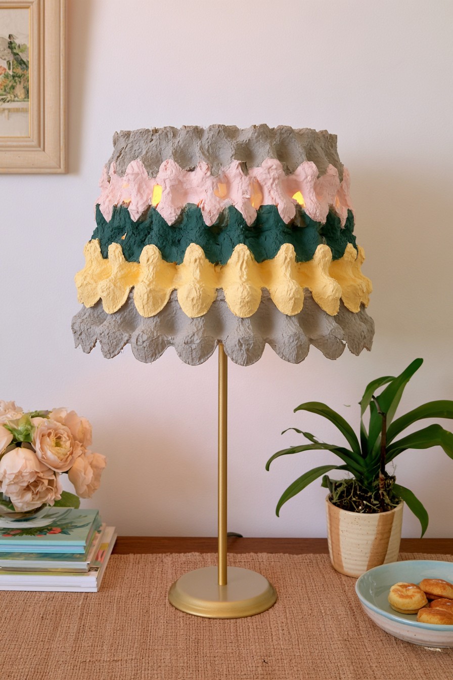 Color blocked lampshade with layered recycled egg carton texture