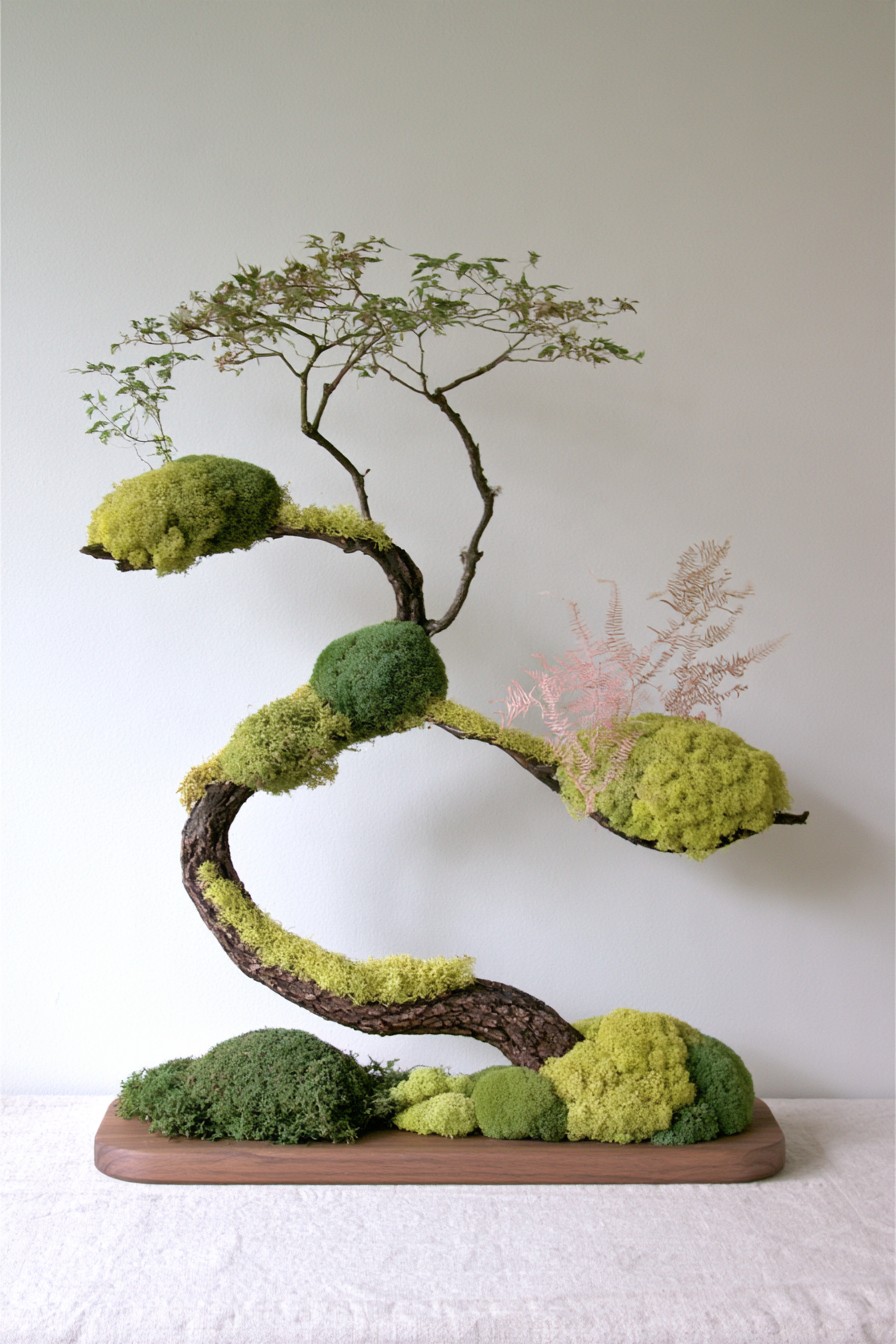 Curved branch centerpiece with preserved moss and dried botanical accents