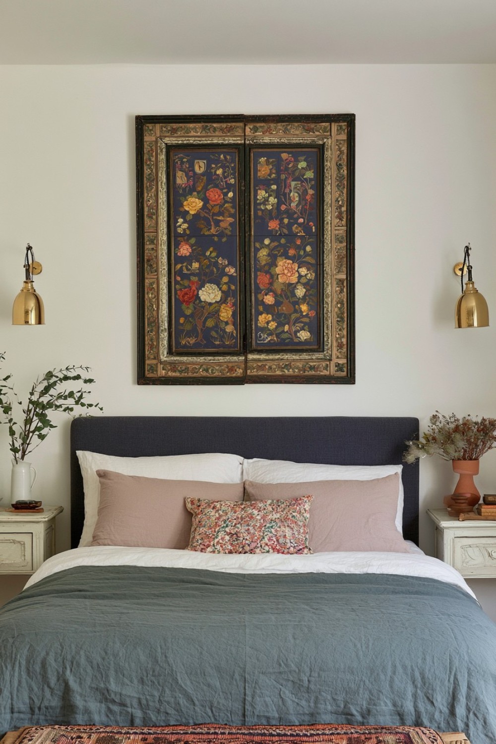 Decorative folding screen repurposed as an eclectic headboard