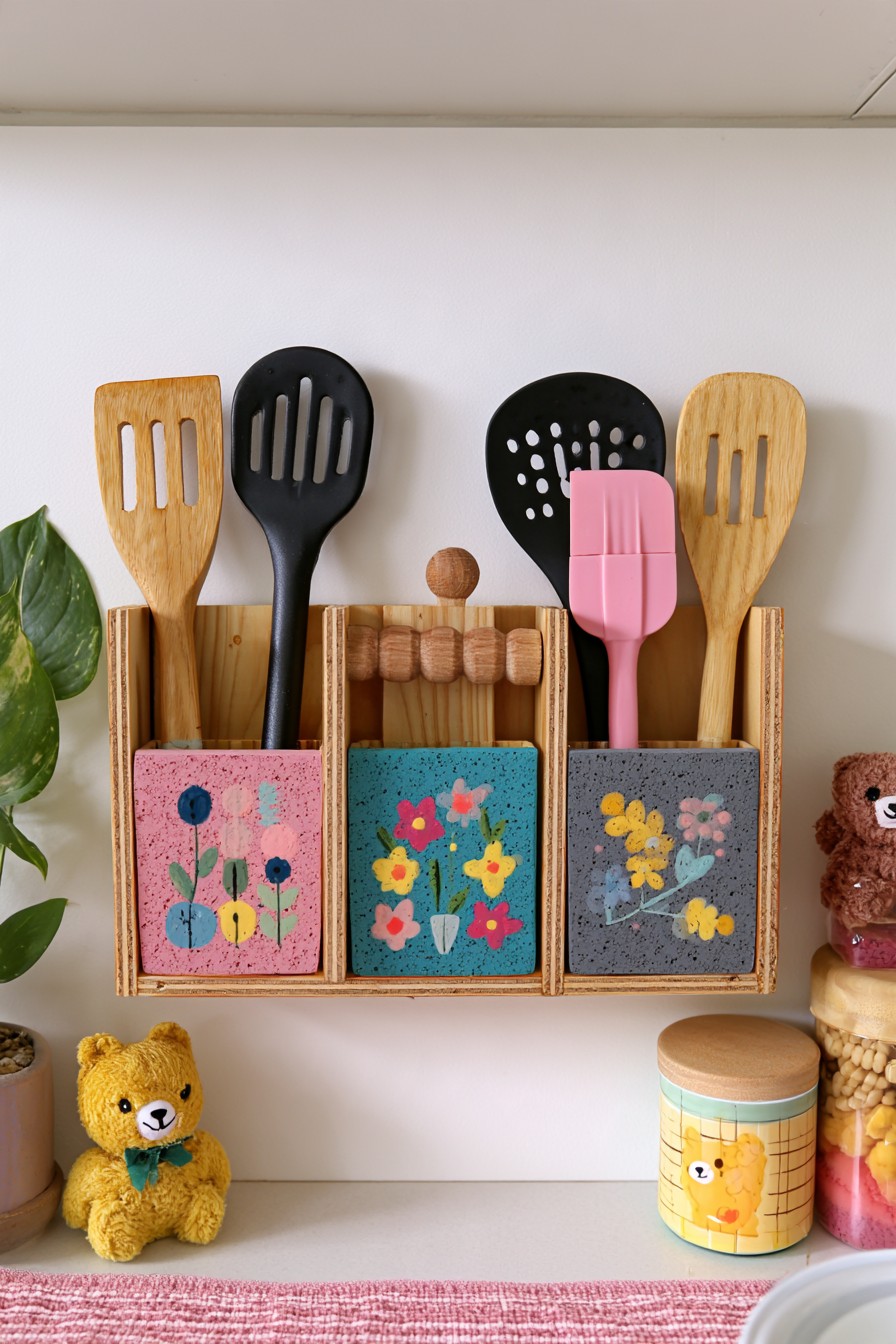 Wooden utensil organizer with three compartments and floral front panels