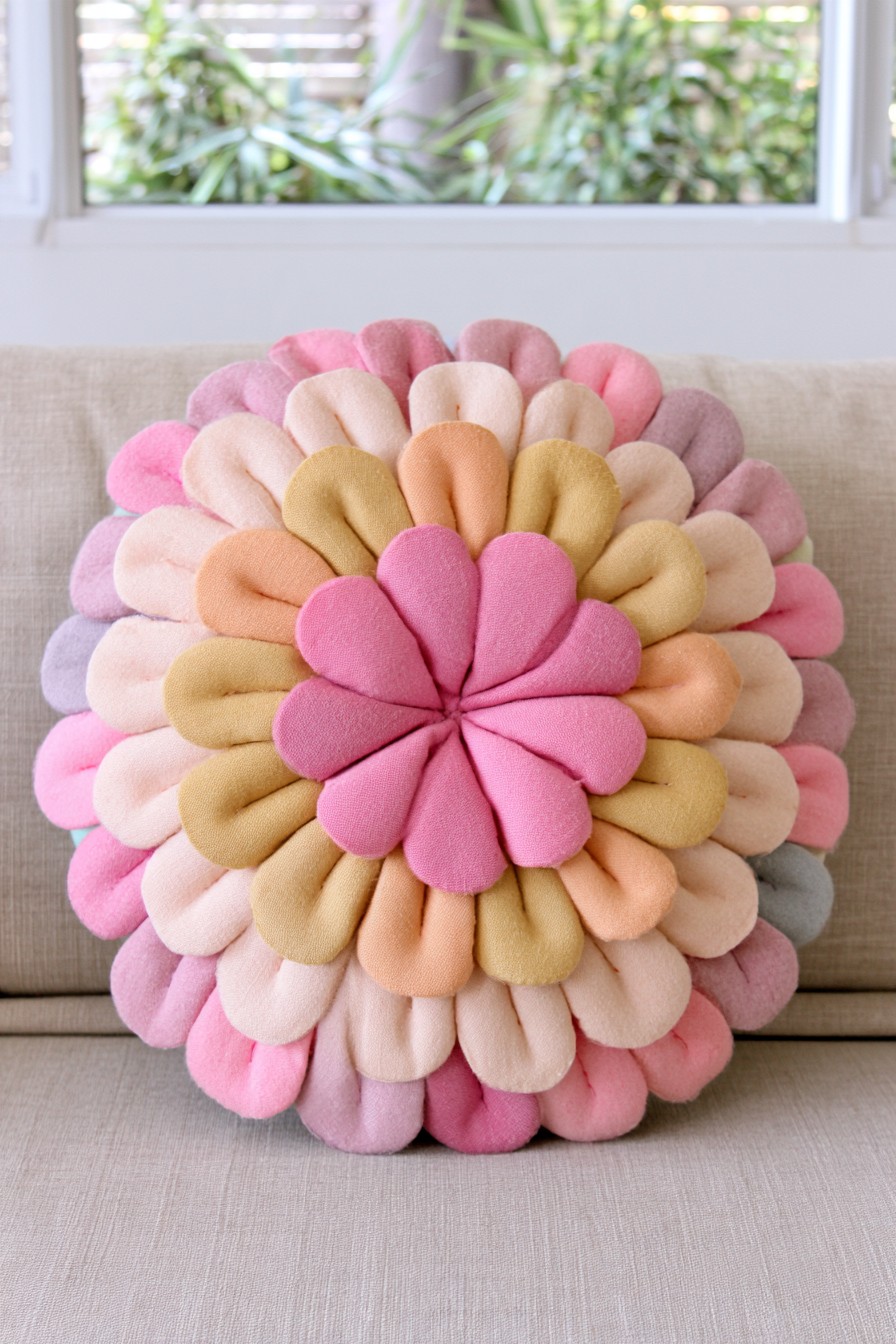 Layered pastel flower pillow with padded fabric petals
