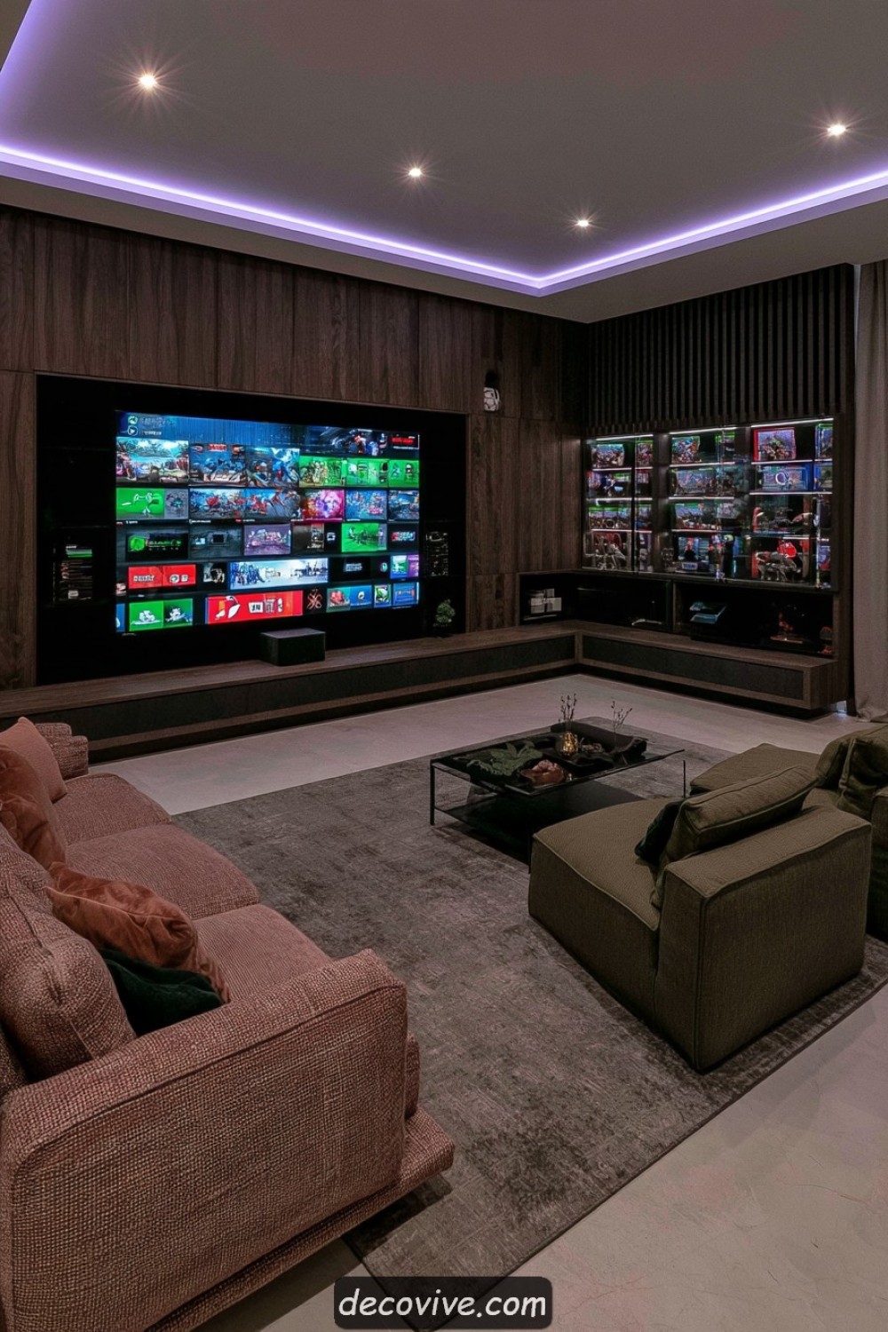 Dark wood gaming media room with consoles hidden in cabinetry