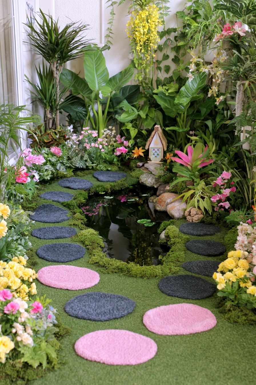 Fairy pond framed by tropical foliage flowers moss and stepping stones