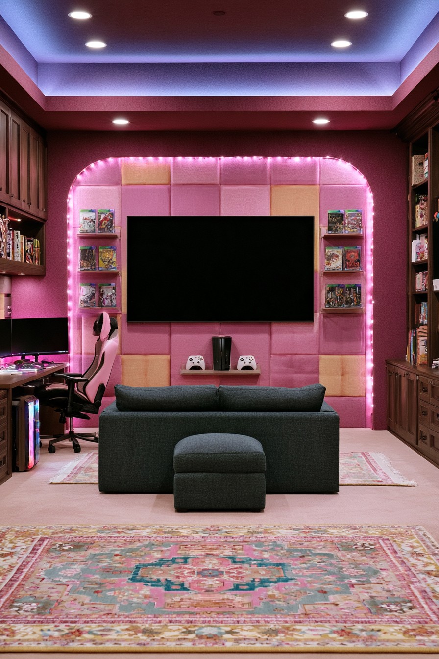Burgundy gaming room with a pink square panel television backdrop, dark side cabinetry, compact sofa, ottoman, and PC desk