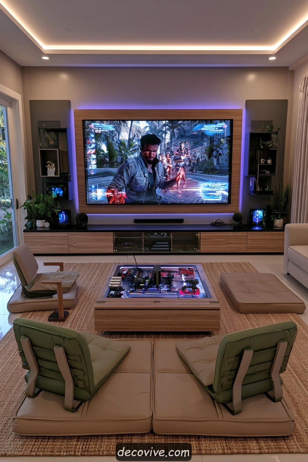 Japanese-inspired video gaming room with low floor seating