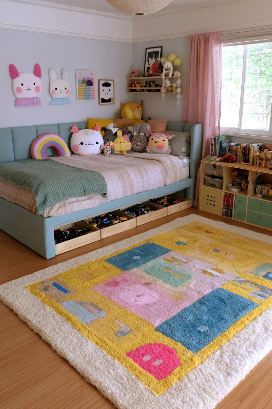 Blue daybed with shallow divided toy compartments beneath it and a low cabinet beside the window