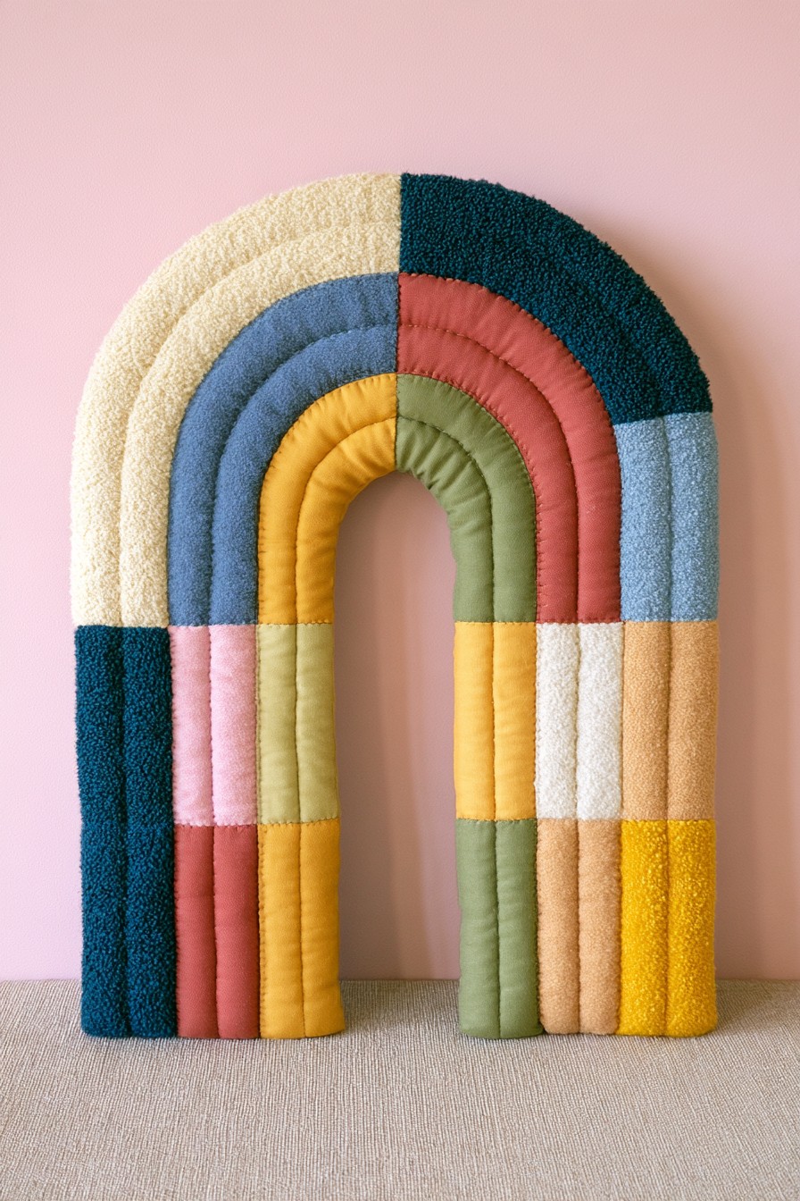 Rainbow patchwork pillow made with mixed textured fabrics
