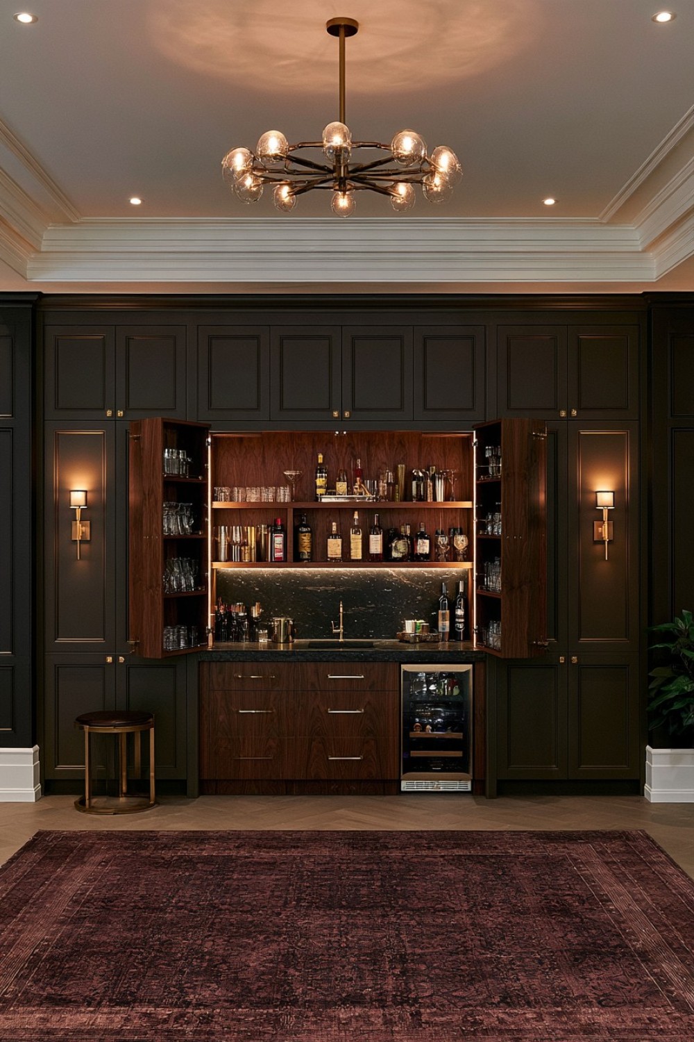 Hidden basement bar behind full-height cabinet doors