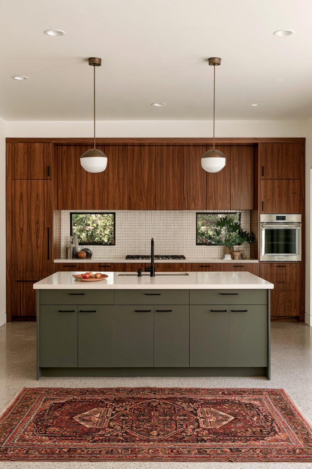 7. Walnut And Matte Olive In Separate Kitchen Zones