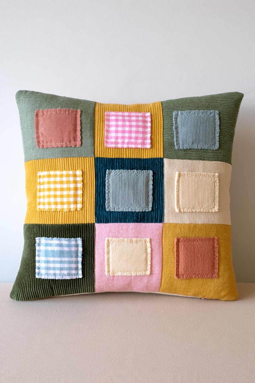 Geometric patchwork pillow with layered multicolored fabric squares