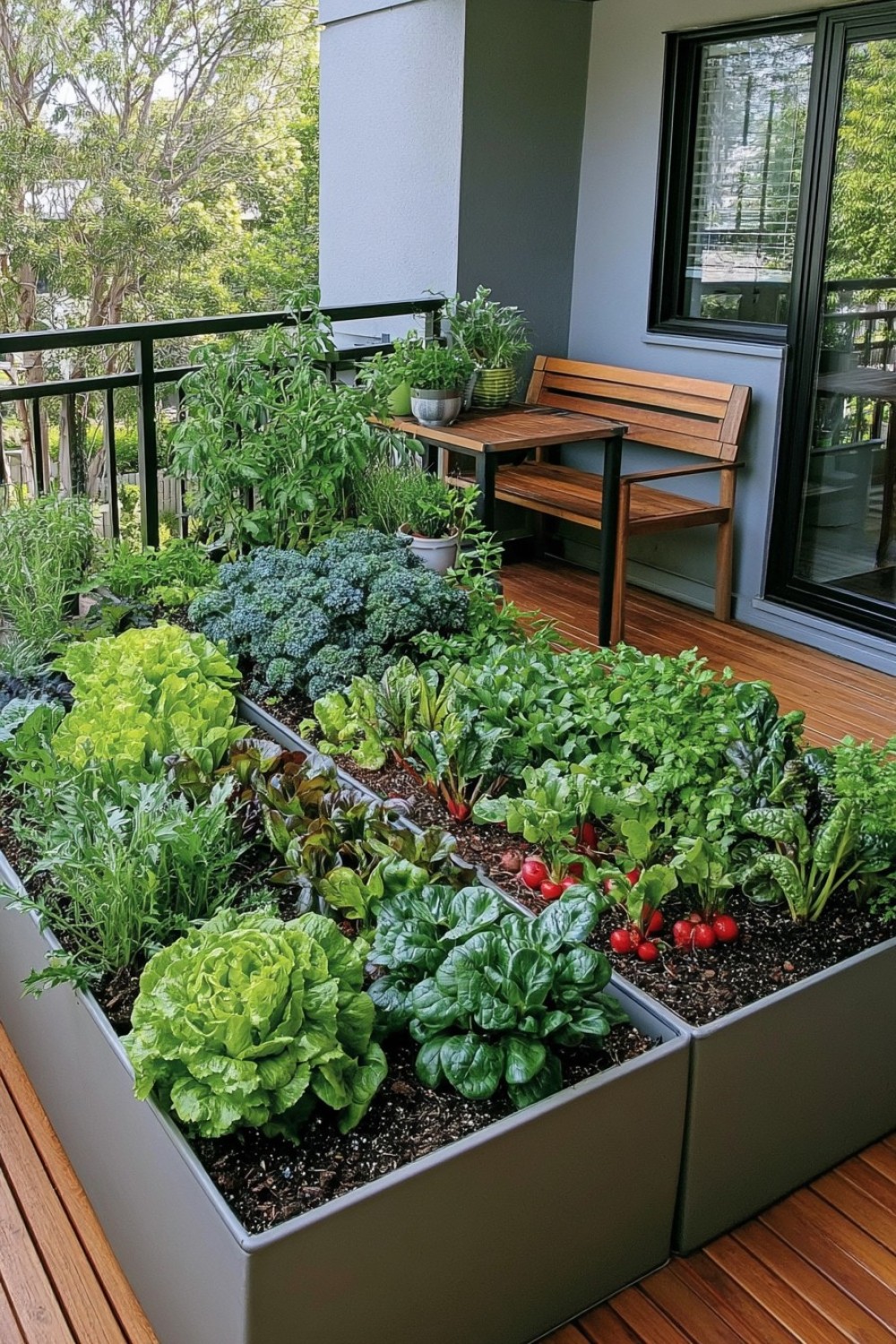 Compact edible salad garden grown in balcony containers