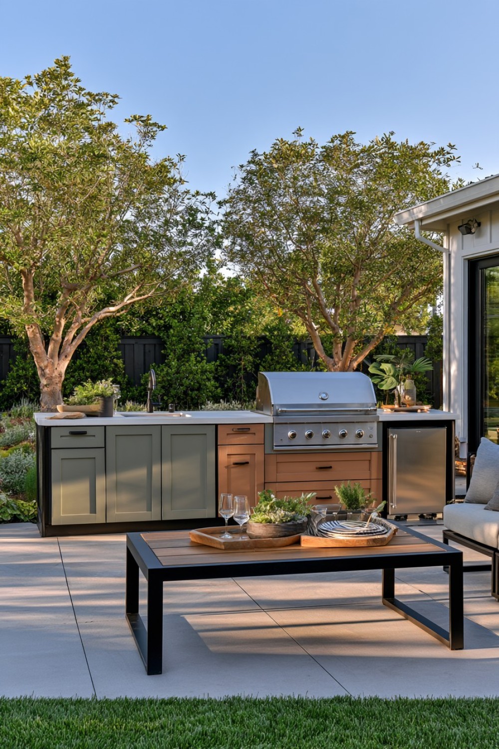 Outdoor kitchen with a durable color-block cabinet scheme