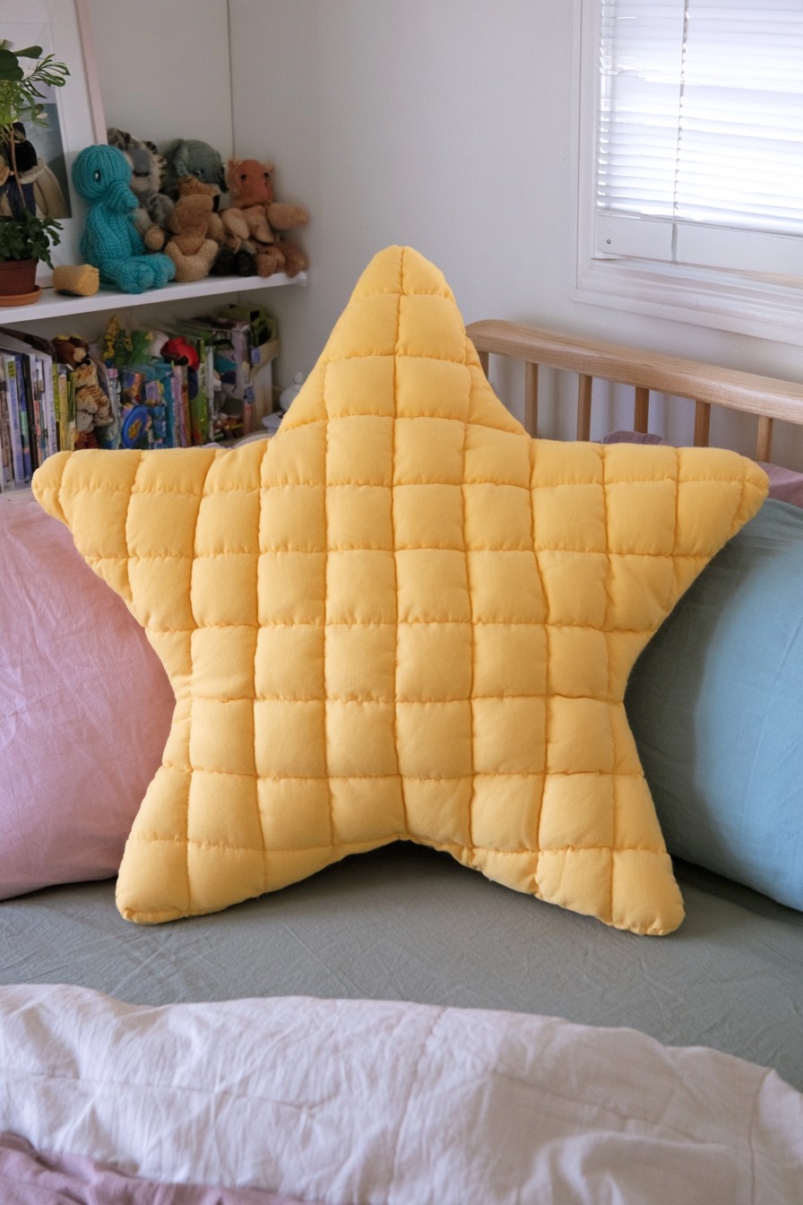 Yellow quilted star pillow with soft grid texture