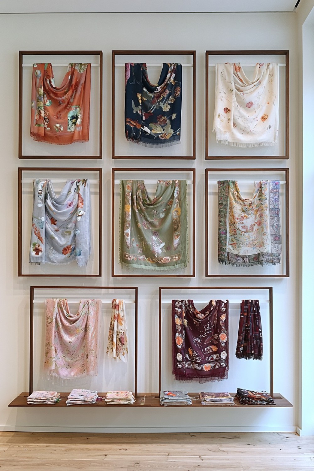 Framed scarf patterns displayed as a boutique gallery