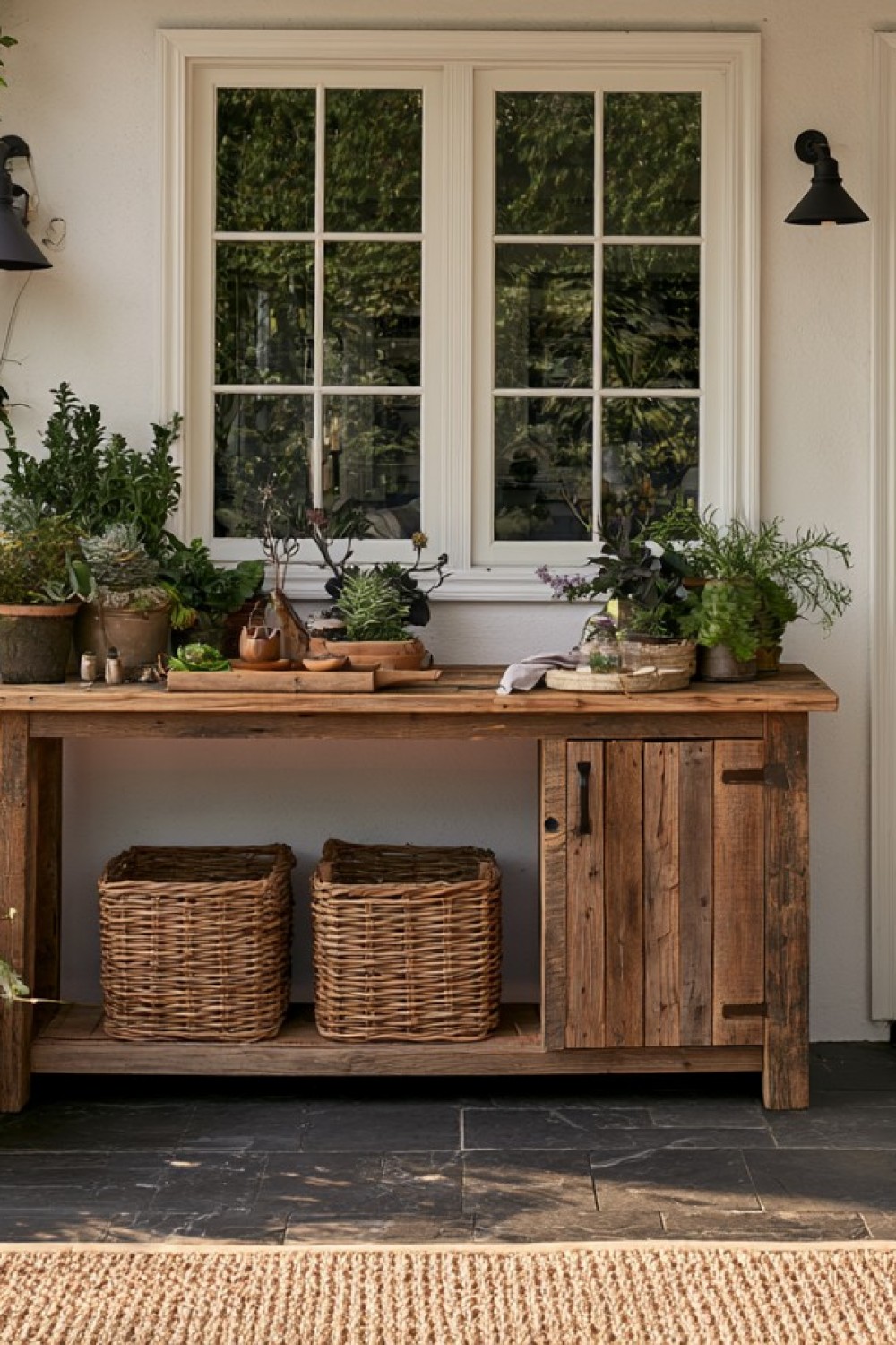 Narrow reclaimed wood console table built for an outdoor wall
