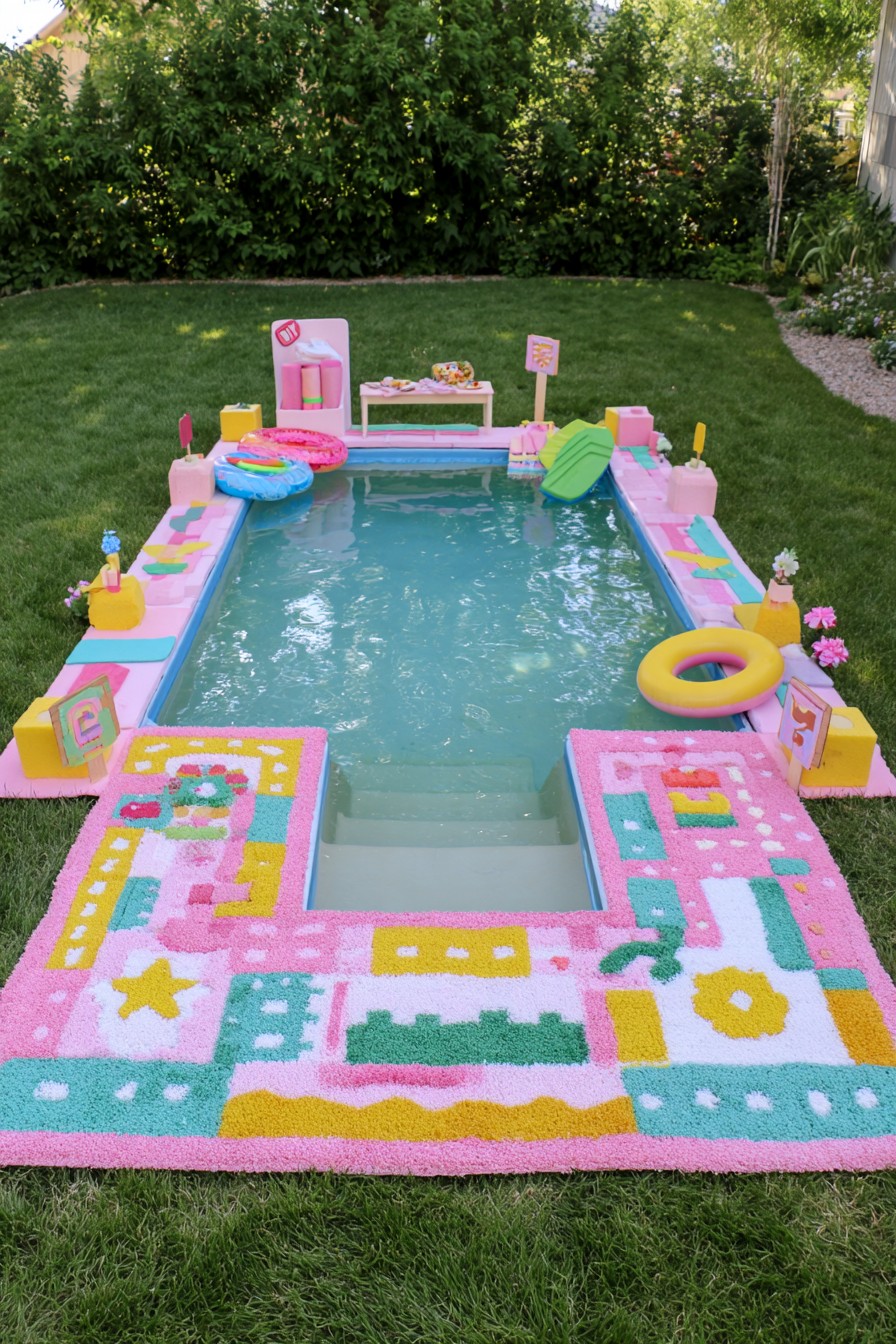 Rectangular pool with a clear front opening, colorful patterned mats, and toys behind it