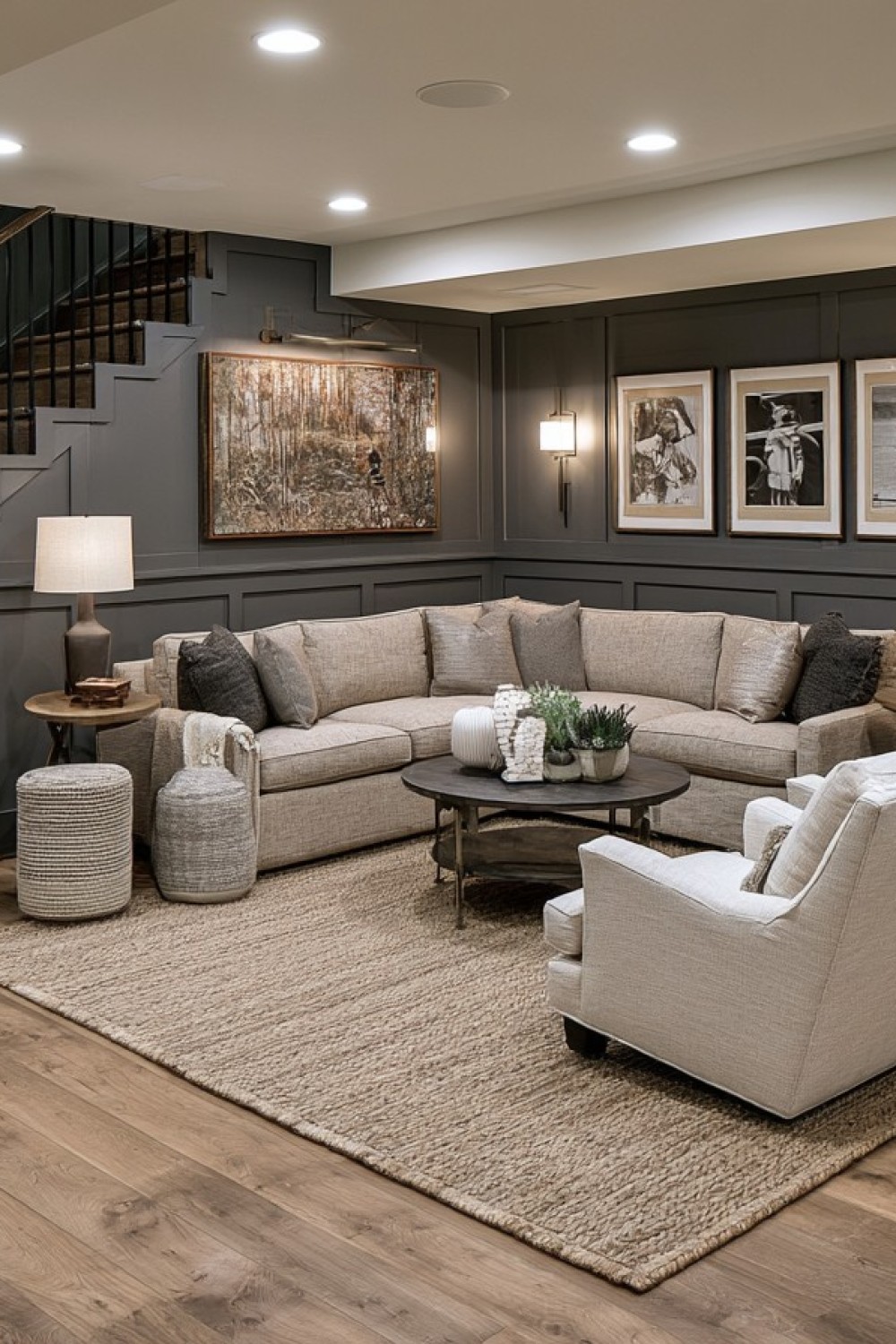 Compact basement lounge arranged for comfortable conversation