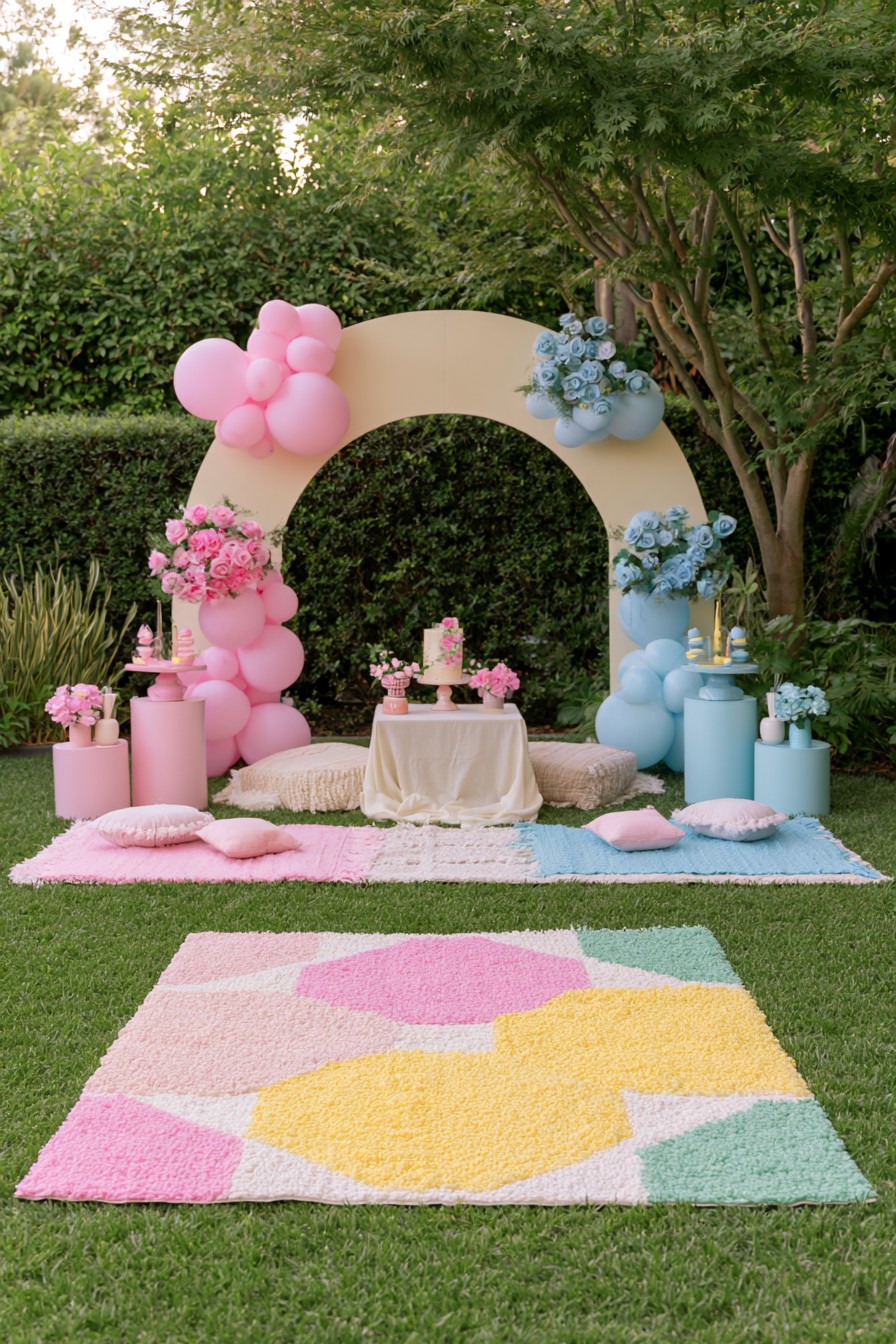 Garden gender reveal picnic with cream arch pink blue balloons rugs and floor cushions