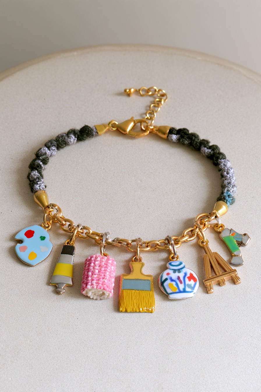 Art studio charm bracelet with palette paint tube brush vase easel and apron