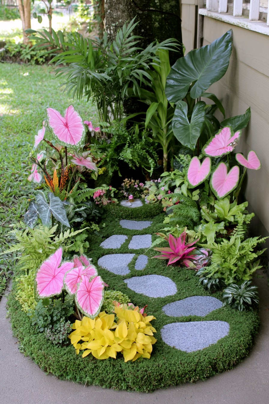 Narrow garden corner with pink and green foliage beside a short stone route