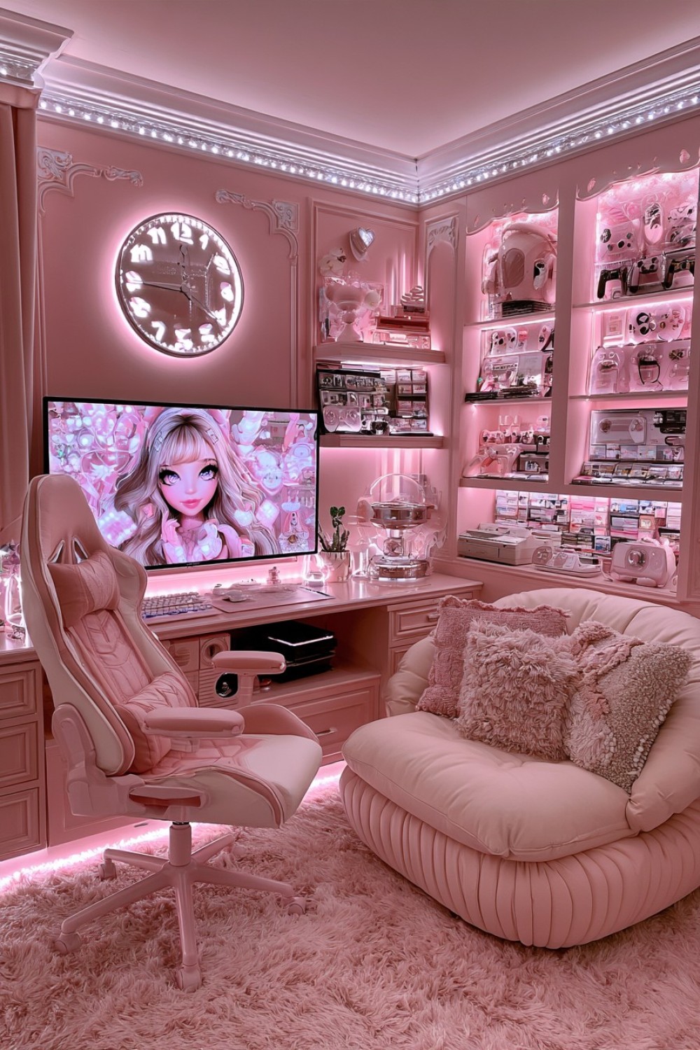 11. Pink Retro Gaming Corner With Warm Wood