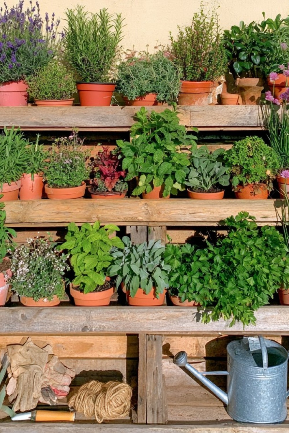 Cottage-style herb collection growing in labeled balcony containers
