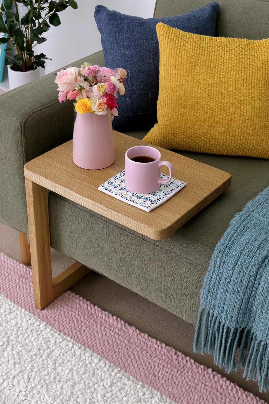 C shaped wooden sofa table that slides beside seating