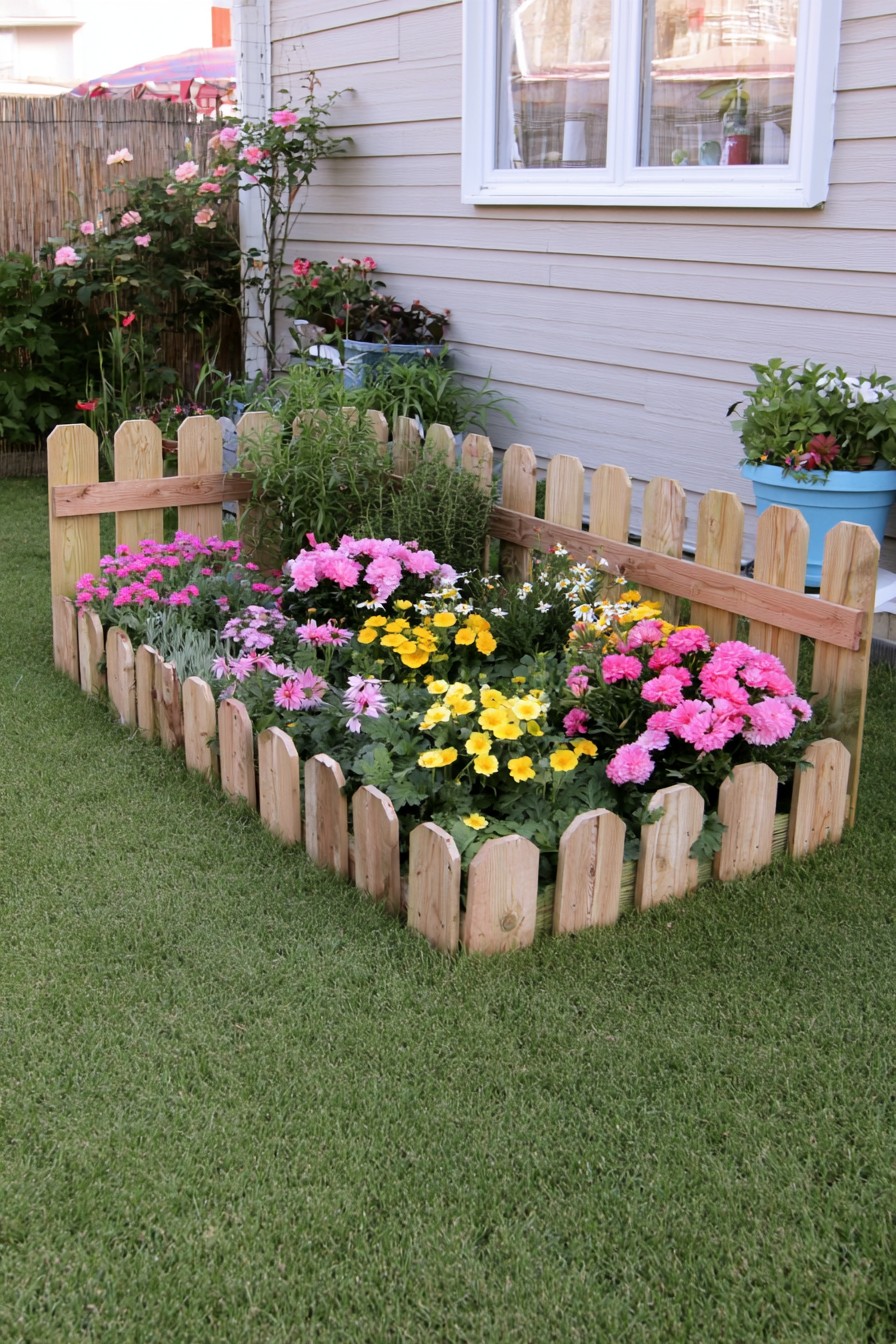 Low timber edging defining a flower bed