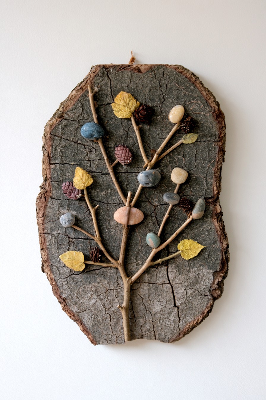 Bark slice wall art decorated with twigs, pebbles, pinecones, and dried leaves