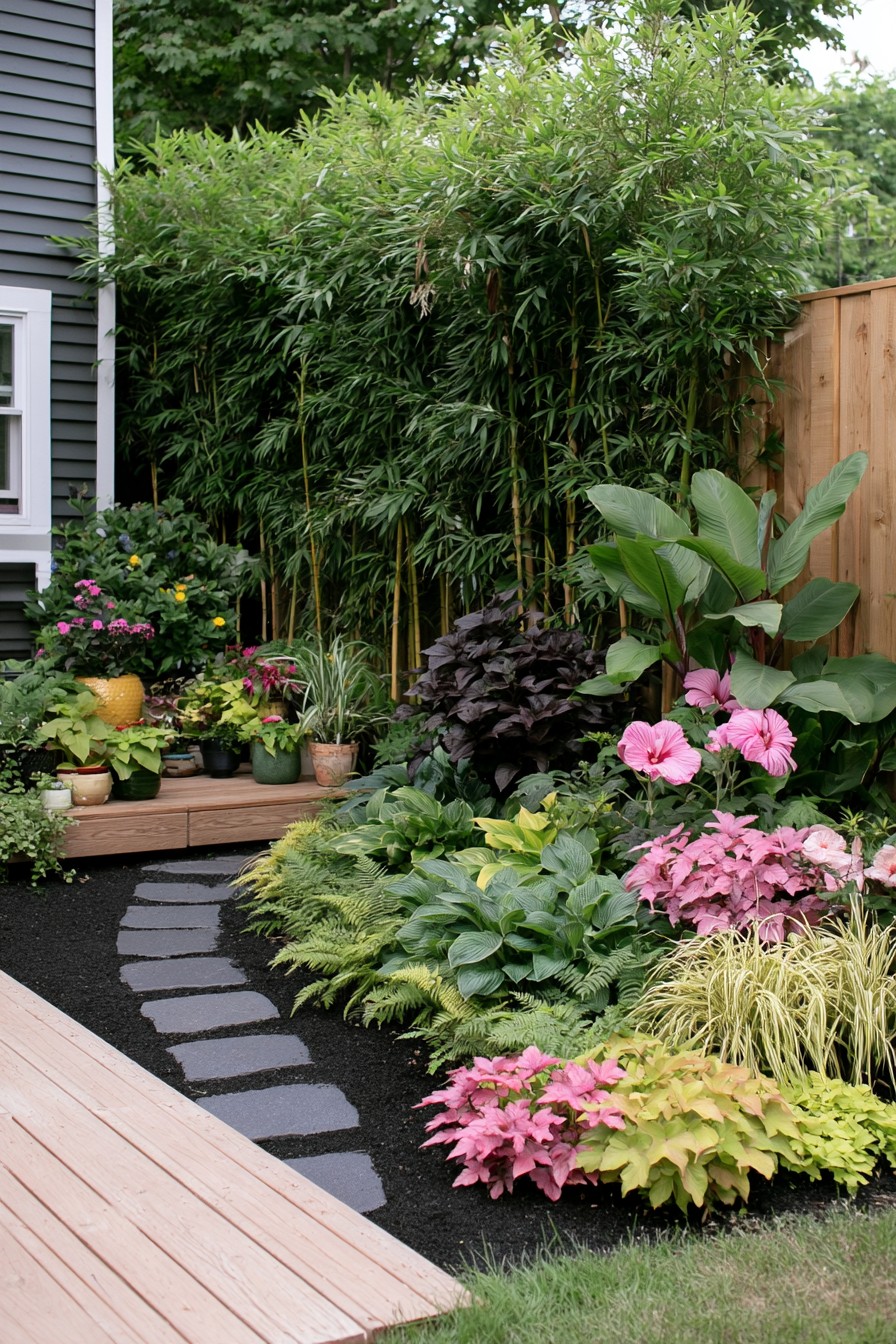 Tropical backyard privacy planting with bamboo and stepping stones