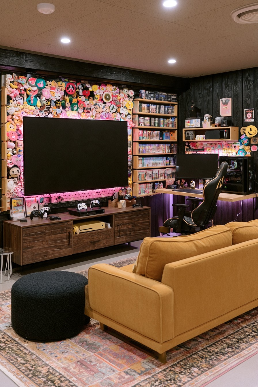 Black paneled gaming room with a dense character display around the television, mustard sofa, and separate PC desk