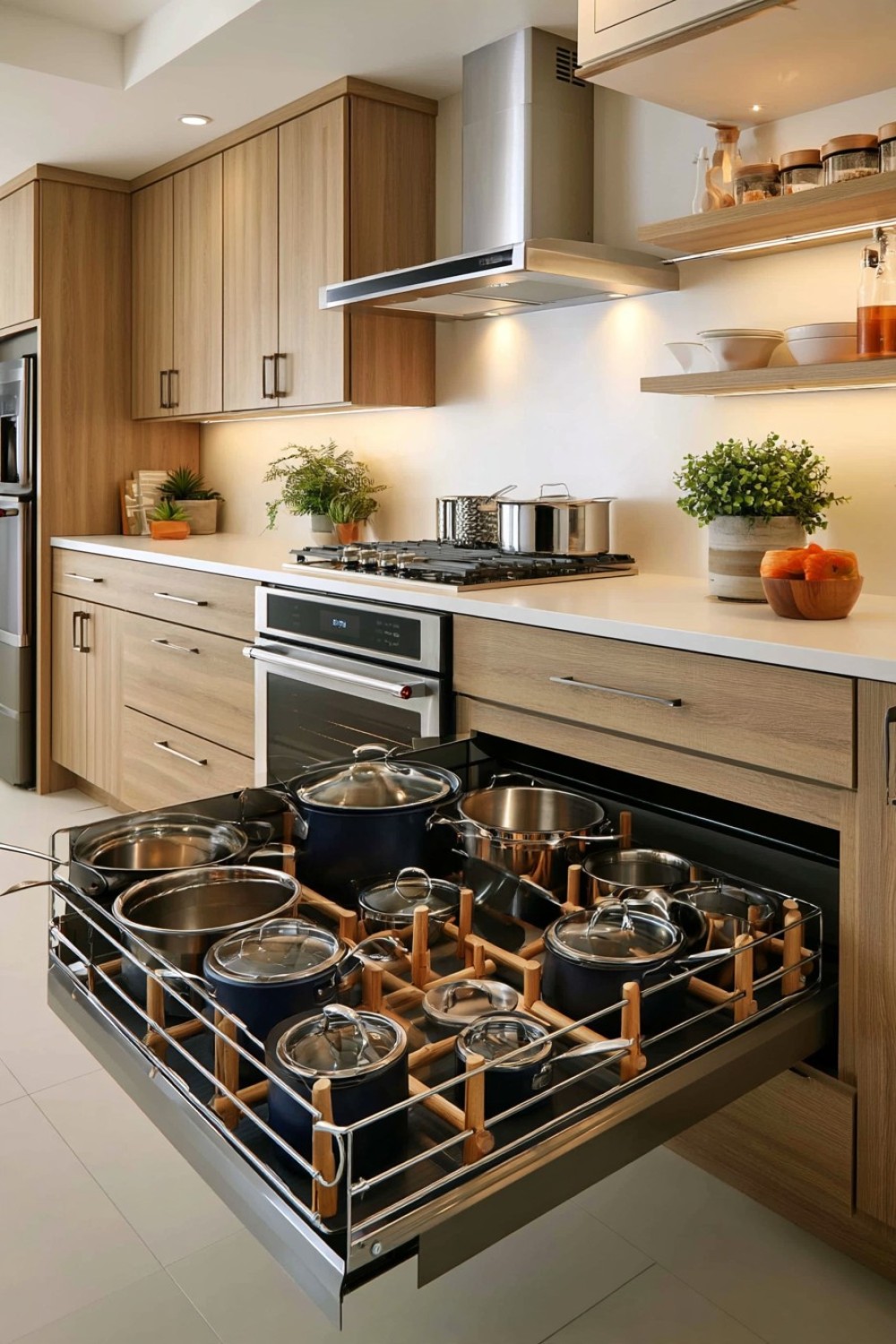 Deep kitchen drawer storing pots with adjustable organizing pegs