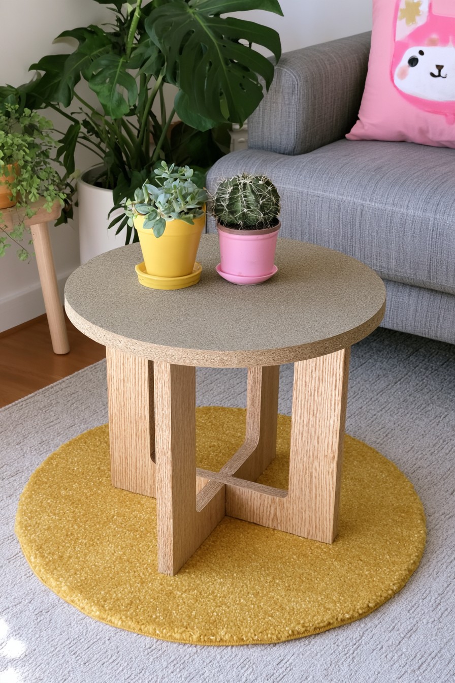 Round wooden coffee table with an interlocking base