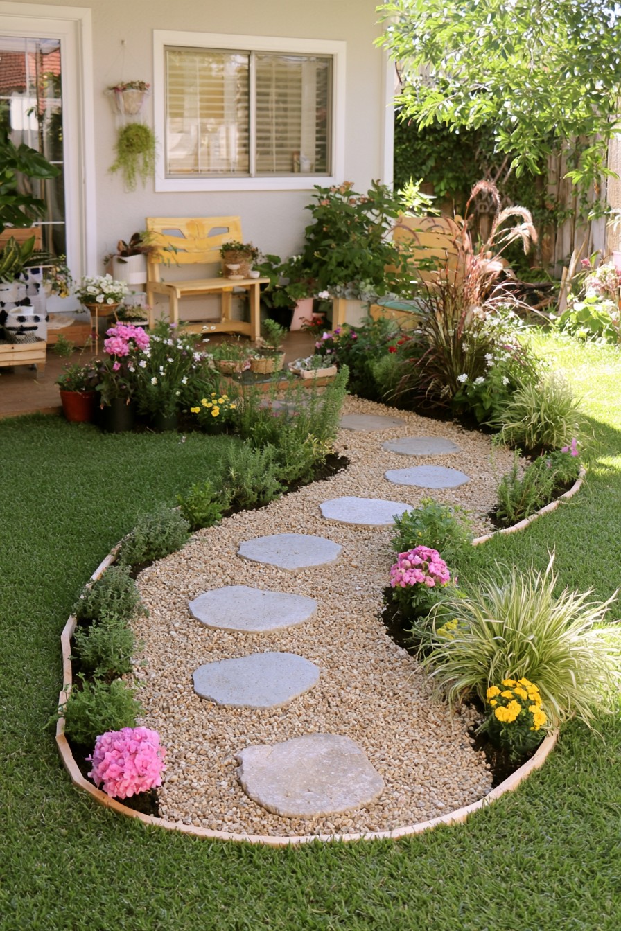 Curved gravel garden path with level stepping stones