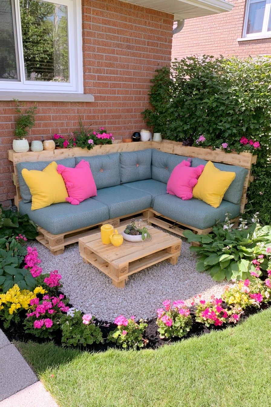 Pallet corner lounge with an integrated shelf behind the backrest