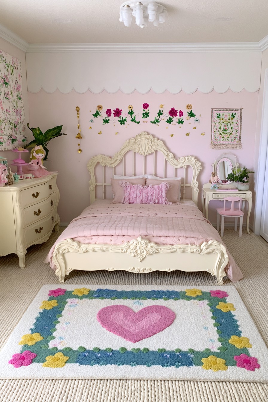 Vintage French princess bedroom with carved cream furniture