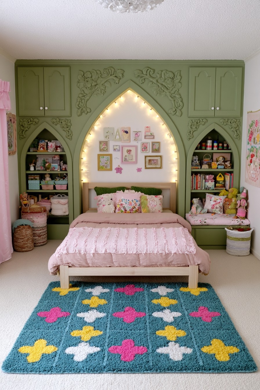 Woodland princess bedroom with arched green built in storage