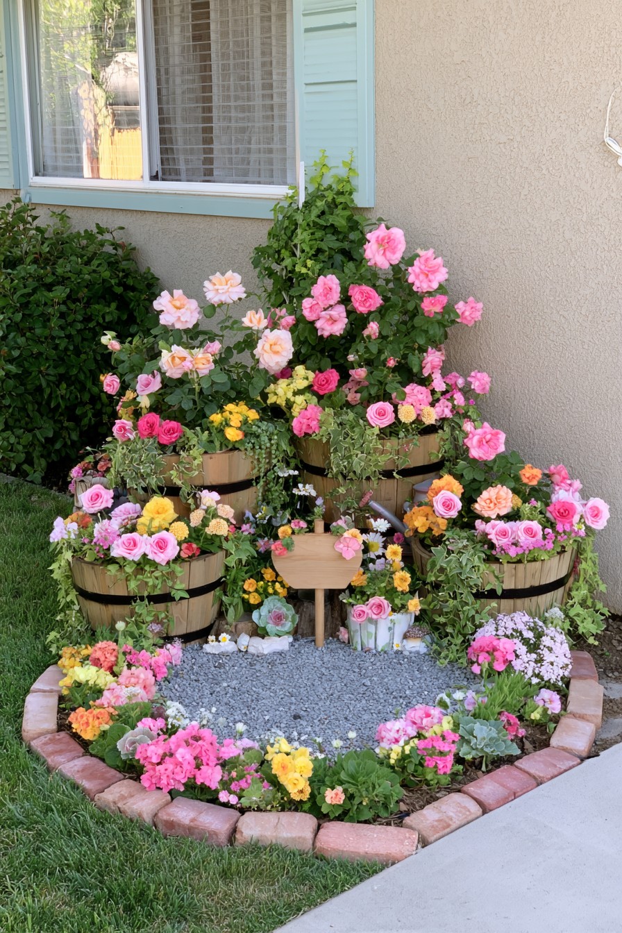 Tiered barrel planters creating a layered garden display