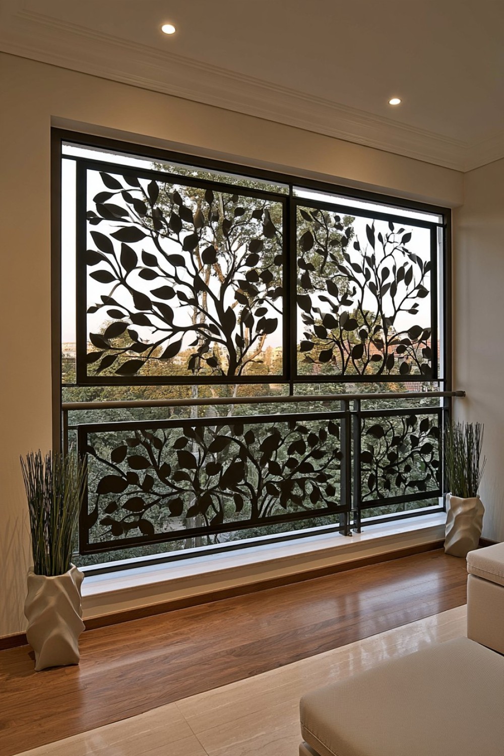 Patterned balcony privacy railing inspired by botanical silhouettes