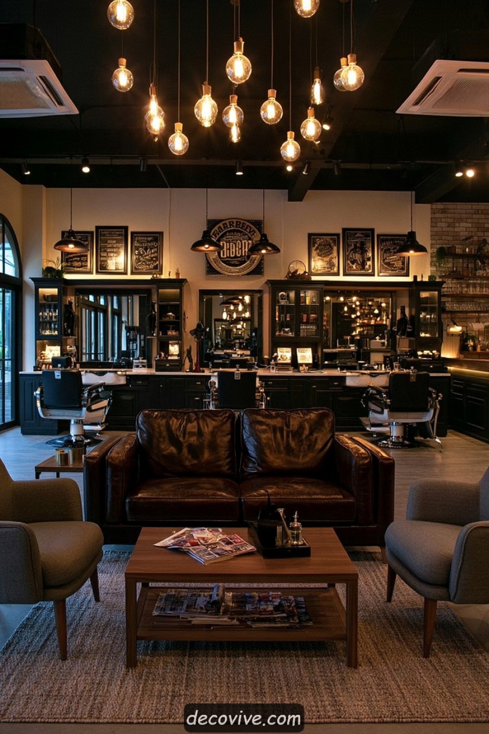 Refined barber studio waiting area arranged as a comfortable lounge