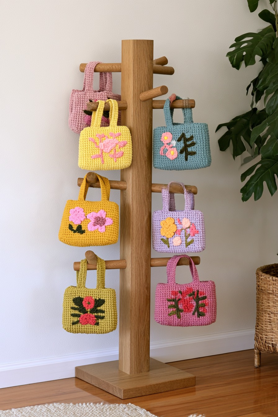 Freestanding wooden bag display tree with staggered peg arms