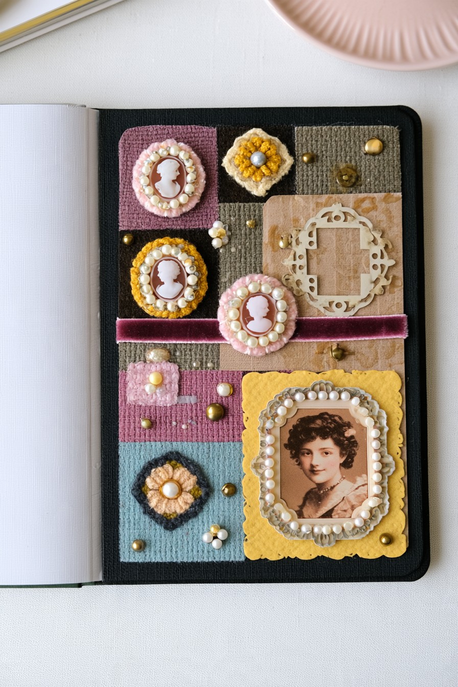 Cameo portrait collage with pearls and velvet
