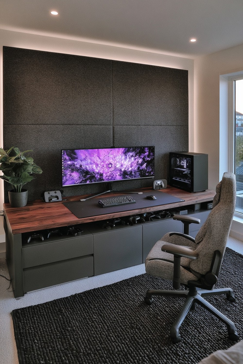 Dark minimal gaming room with concealed accessory storage