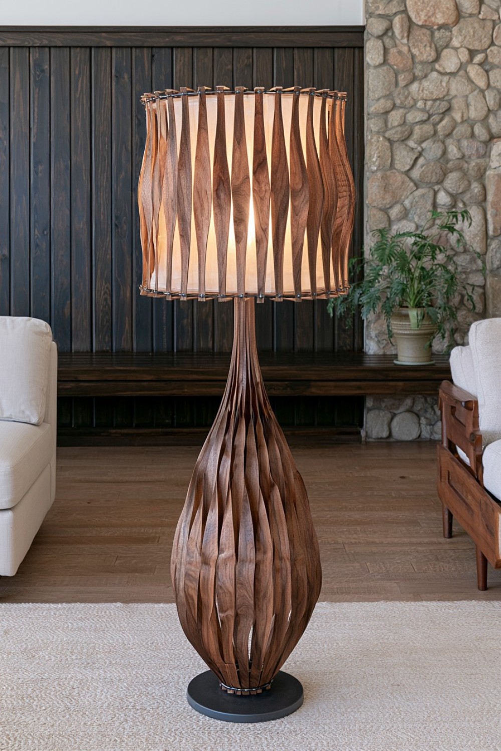 1. Curved Walnut Veneer Ribbon Lampshade