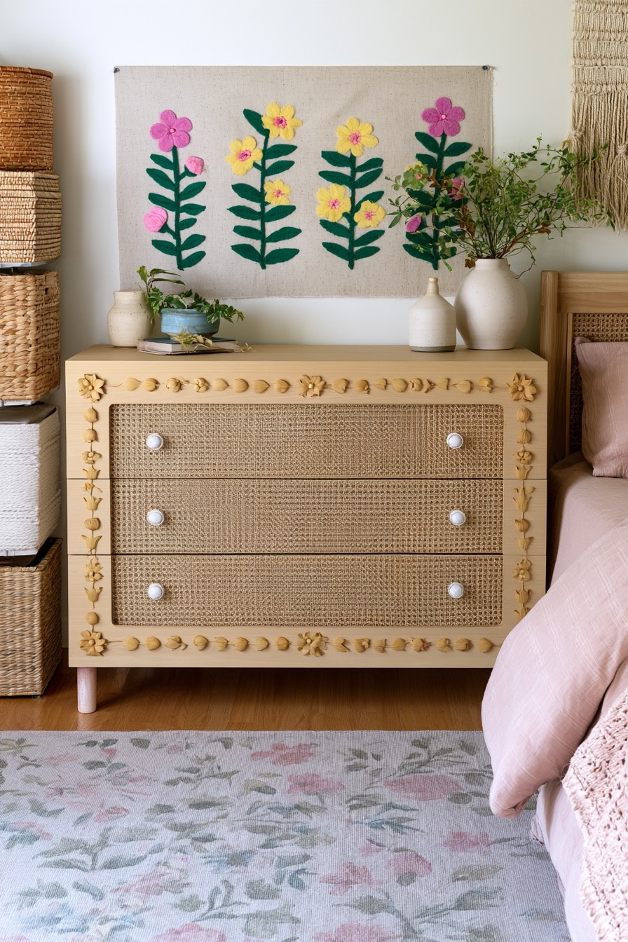 Woven cane drawer fronts with botanical wood decoration