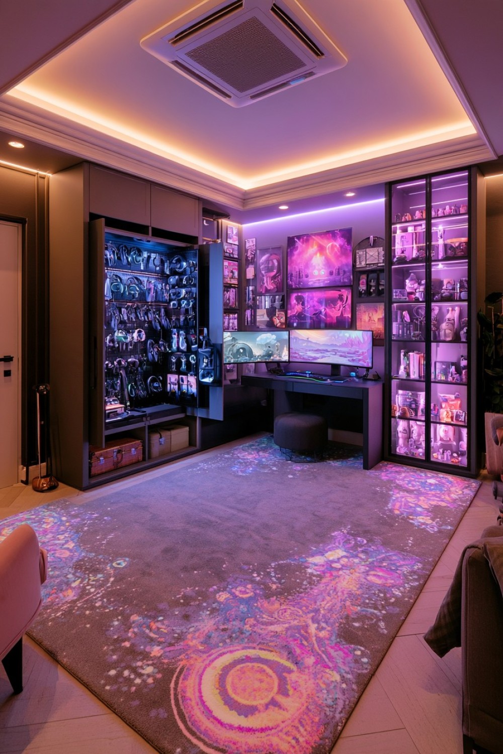 Refined virtual reality gaming zone with concealed equipment storage