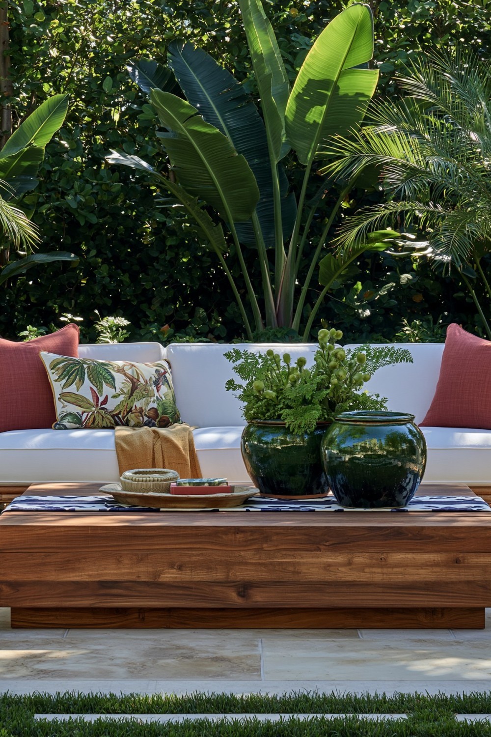 Tropical patio seating accented with balanced green and coral colors
