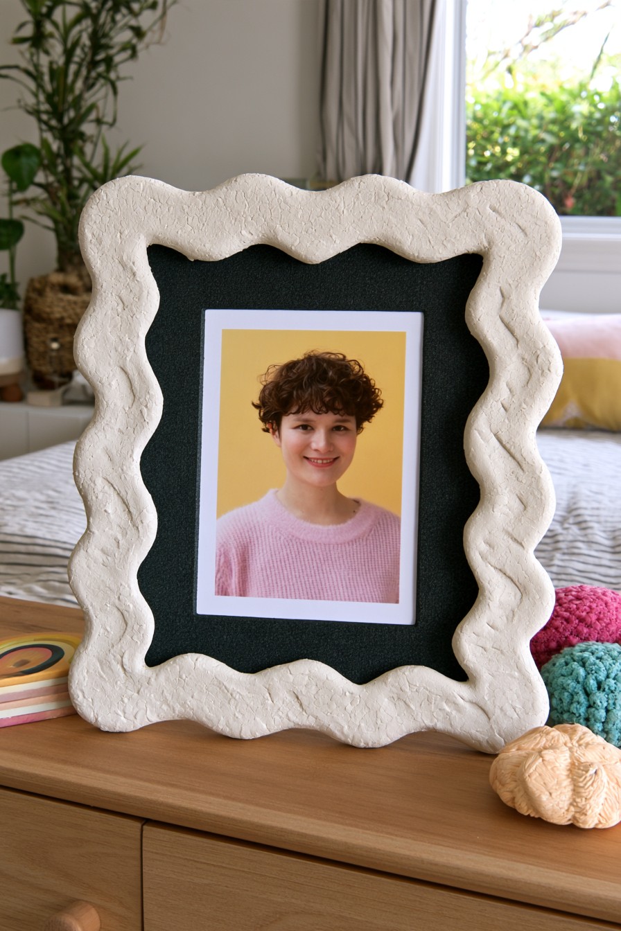 Wavy air dry clay picture frame with sculptural border
